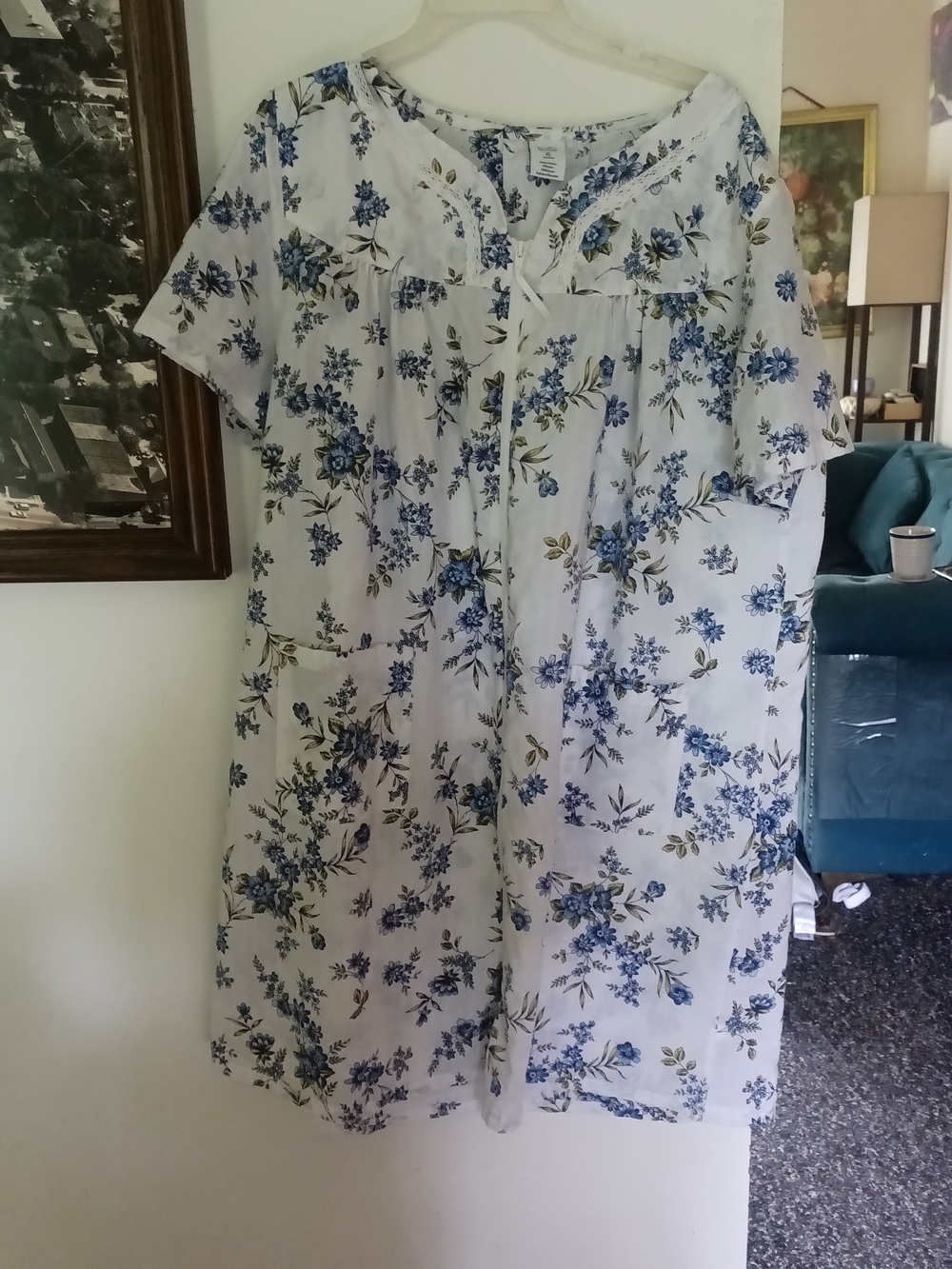 Vintage Croft & Barrow Floral Zip Front Nightgown with Blue Print Cottage Core